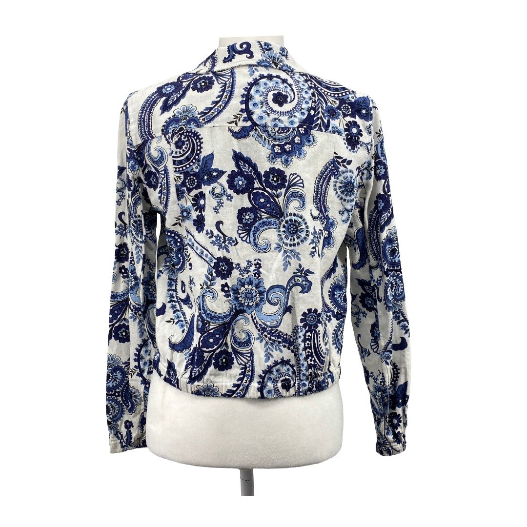 Jones New York Women’s Linen Paisley Blazer Blue White Cropped XS, Preowned - Image 3