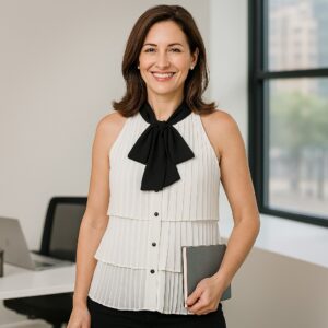 WHBM Tie-Neck Pleated Blouse worn by woman in a white sleeveless tiered style with black scarf, holding a notebook in a bright modern office.