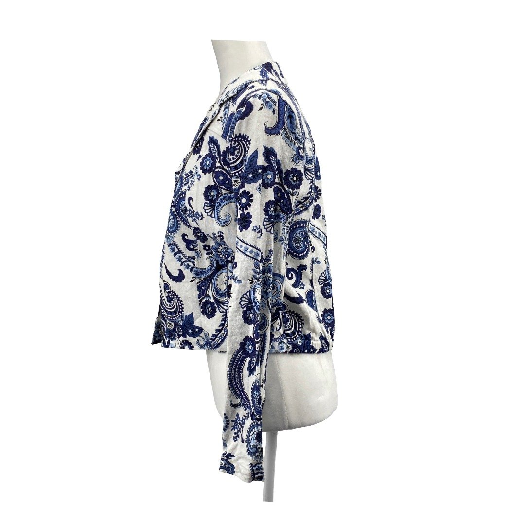 Jones New York Women’s Linen Paisley Blazer Blue White Cropped XS, Preowned - Image 2