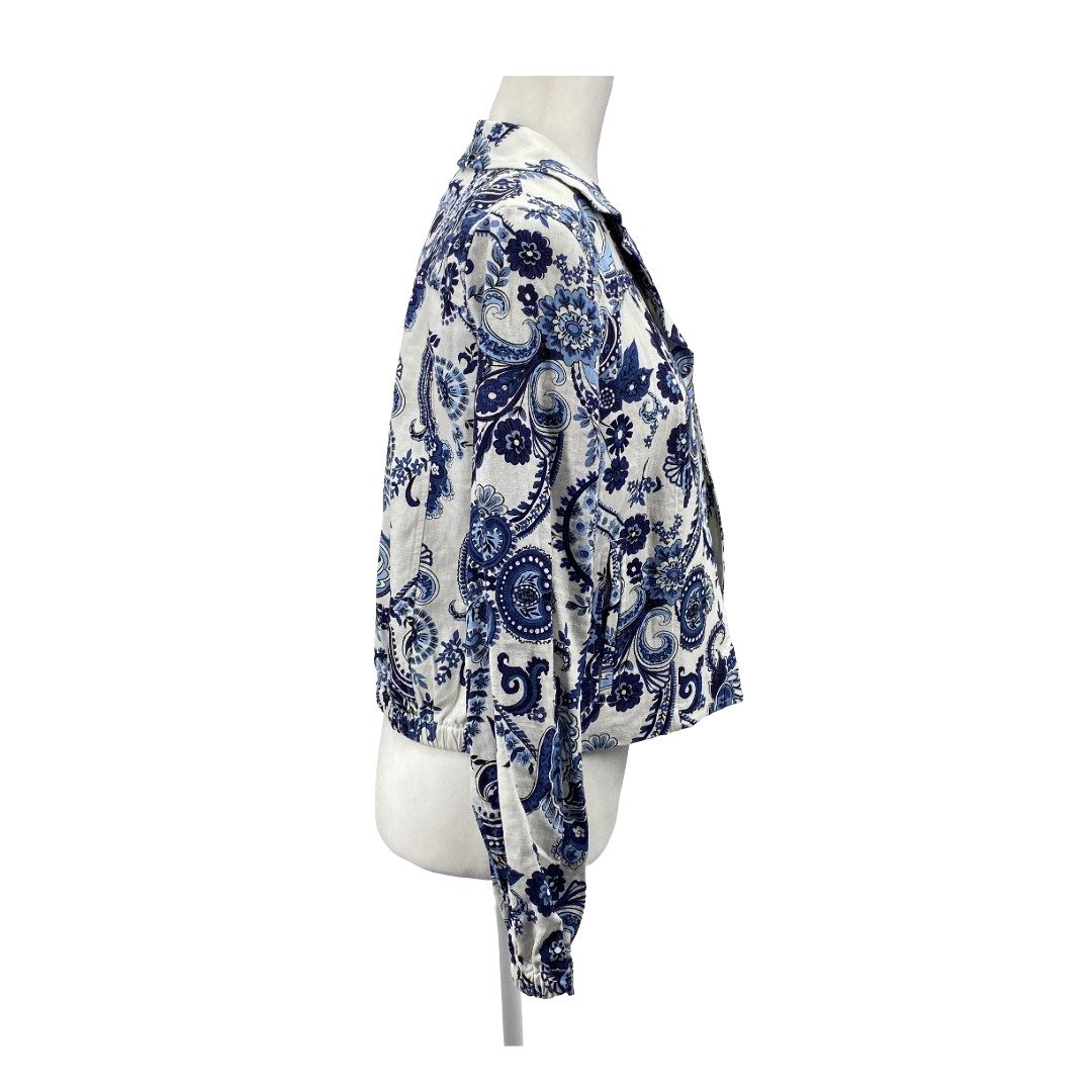 Jones New York Women’s Linen Paisley Blazer Blue White Cropped XS, Preowned - Image 4
