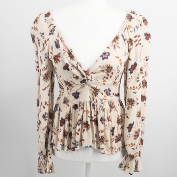 Alya Floral Top Knotted Ruffle Stretch Long Sleeve V-Neck Bohemian Blouse Rayon - Image 2