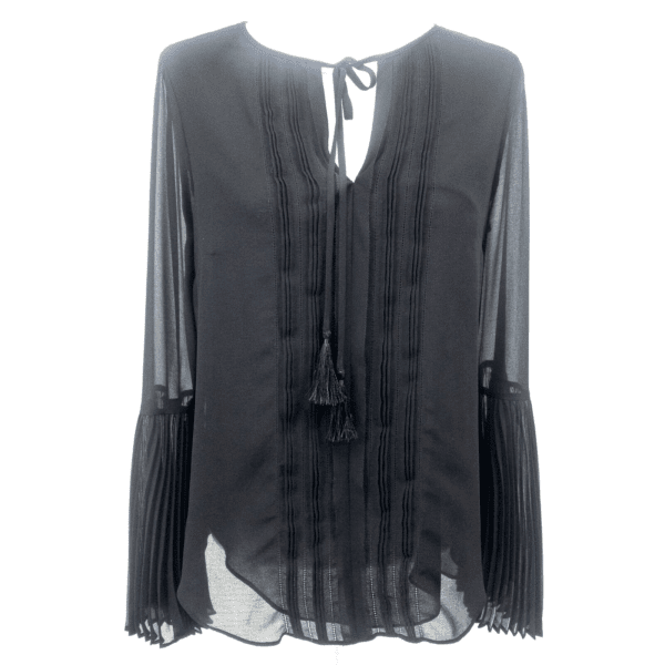 White House Black Market Womens Blouse Black Long Sleeve Keyhole Neck Tasseled 6