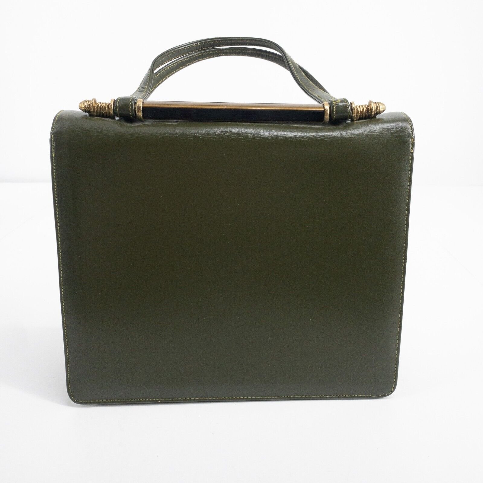 Vintage Handbag Purse Forest Green Gold Accents Zipper Pocket Inside 9" X 8" X 3 - Image 3