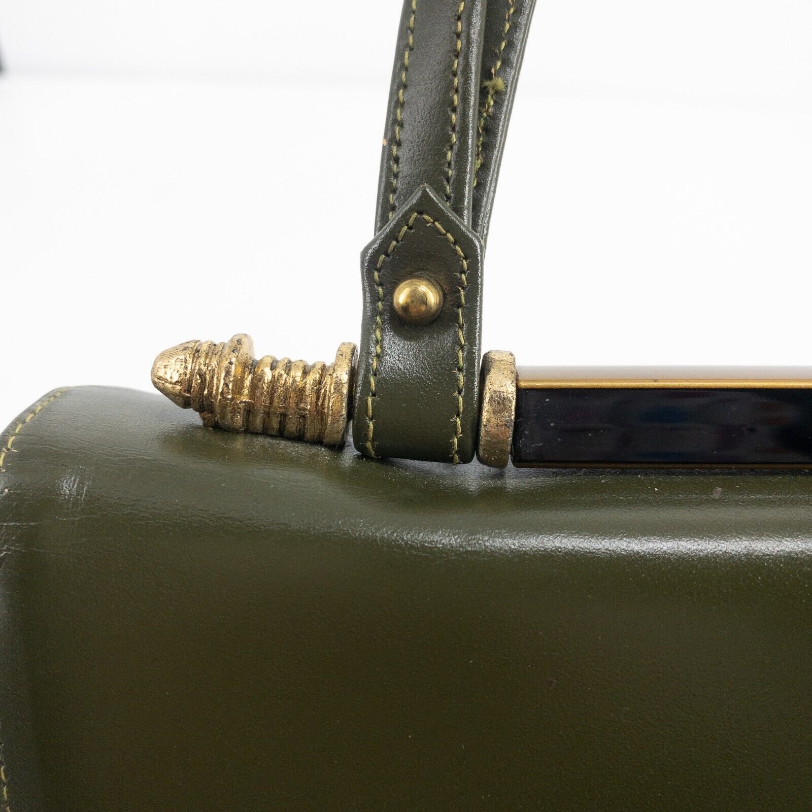 Vintage Handbag Purse Forest Green Gold Accents Zipper Pocket Inside 9" X 8" X 3 - Image 11