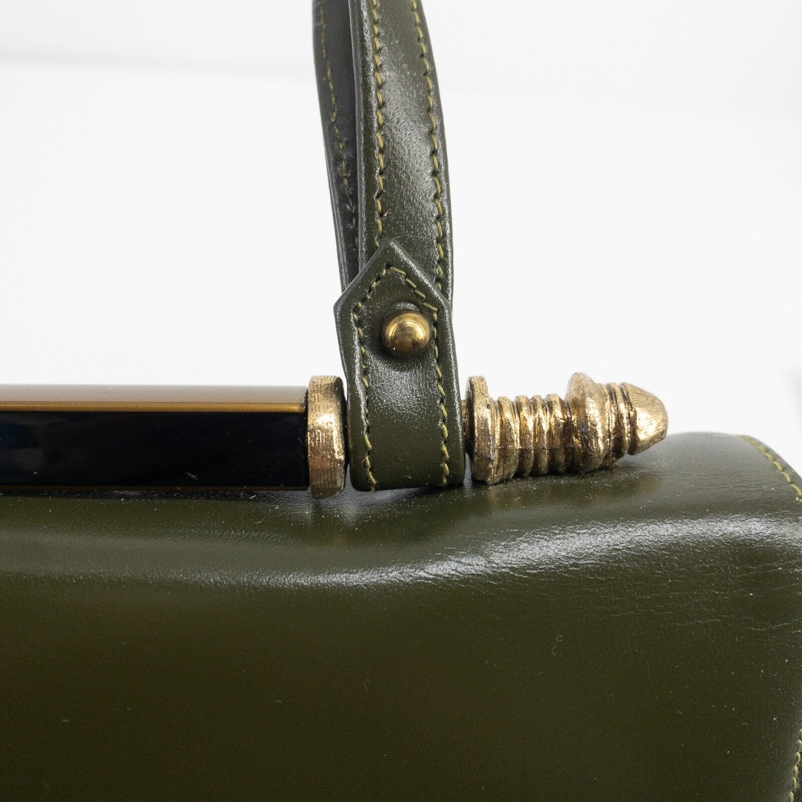Vintage Handbag Purse Forest Green Gold Accents Zipper Pocket Inside 9" X 8" X 3 - Image 12