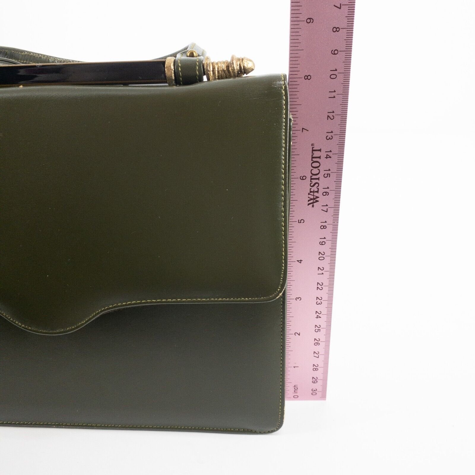 Vintage Handbag Purse Forest Green Gold Accents Zipper Pocket Inside 9" X 8" X 3 - Image 15