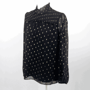 White House Black Market Black with Gold Metallic Clip-Print Mock Neck Blouse SM