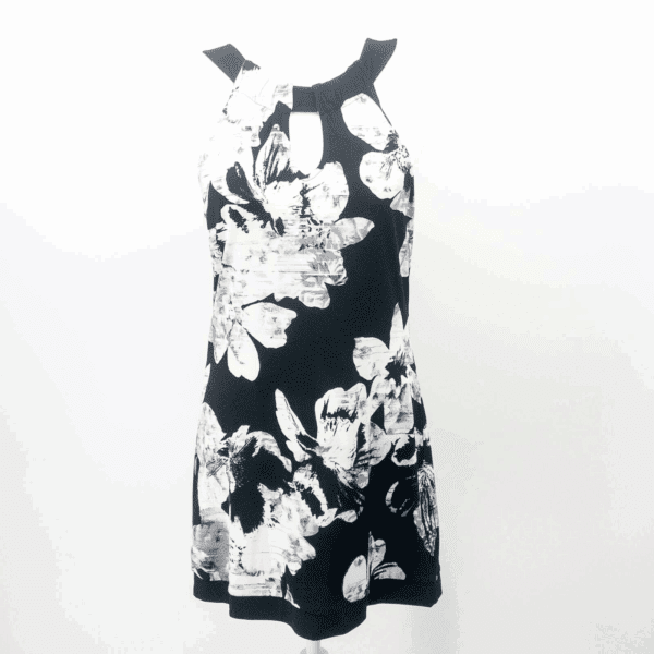 White House Black Market Womens Sheath Dress Black White Floral Stretch Tie S