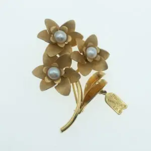 Vintage IPS Italy 12KT Gold Filled Narcissus Brooch Faux Pearls