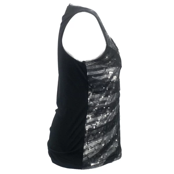 Side view of a black sequin tank top by White House Black Market.