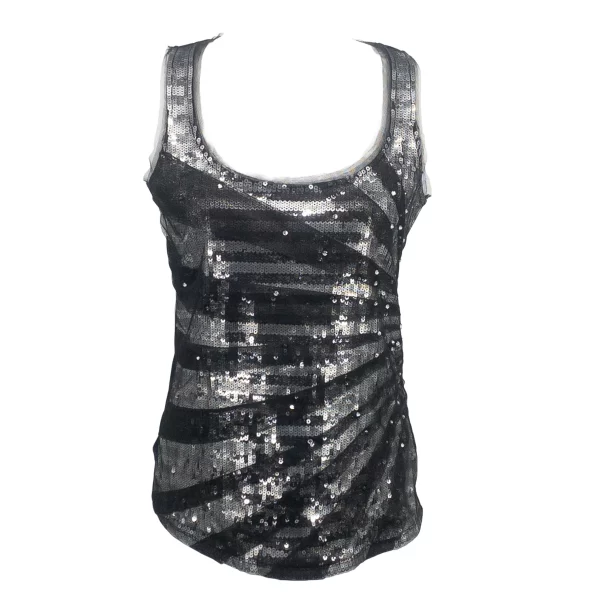 Front view of a black sequin tank top by White House Black Market.