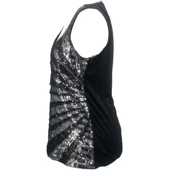 A photo of the side view of a black sequin tank top by White House Black Market