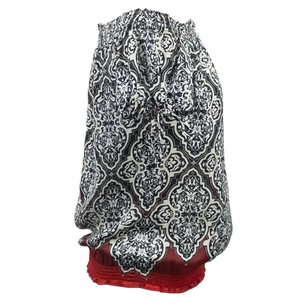 Paisley Smocked Blouse - Stylish Short Sleeves in Vibrant Red & Black - Image 2