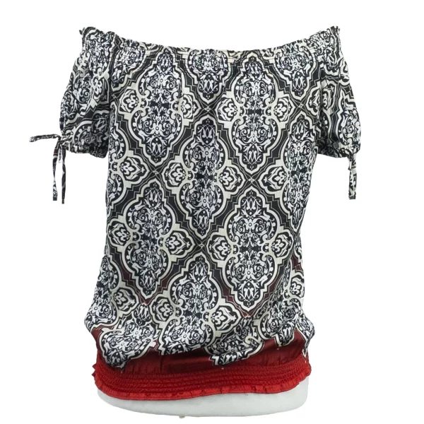 Paisley Smocked Blouse - Stylish Short Sleeves in Vibrant Red & Black - Image 3