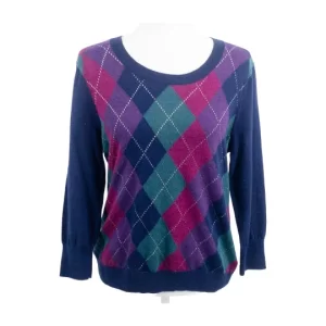 Talbots argyle sweater navy with jewel-tone pattern front view
