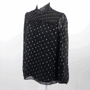 White House Black Market Black with Gold Metallic Clip-Print Mock Neck Blouse SM