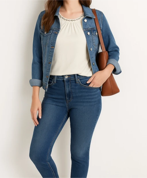 a woman in a denim jacket