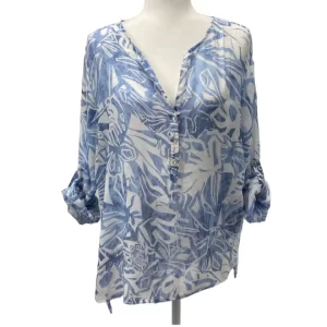 Grand & Greene blue white tropical print sheer tunic blouse with roll tab sleeves front view