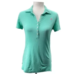 Lilly Pulitzer Women Polo Shirt Small Green Pink Palm Logo Slub Knit Peru, Preowned