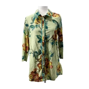 Soft Surroundings floral button up blouse in green with multicolor botanical print, featuring a collared neckline and 3/4 sleeves, displayed on a mannequin.