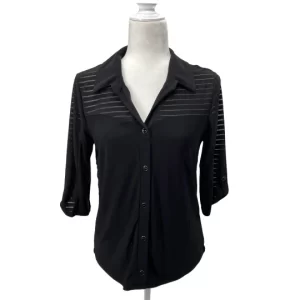 Front view of Women’s Petite Black Button-Up Blouse by Adele & May with sheer stripe shoulders and roll tab sleeves, size Petite Medium