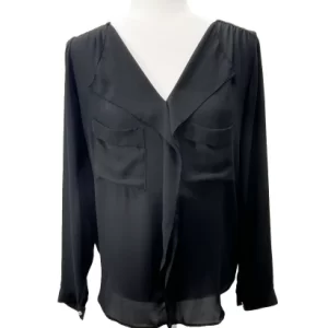 Zara Basic black ruffle work blouse in size Small, featuring a V-neckline, long sleeves, chest pockets, and a lightweight, semi-sheer fabric displayed on a mannequin.