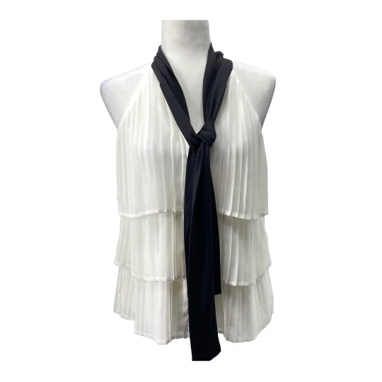 Elegant WHBM Tie-Neck Pleated Blouse Office Chic Tiered Top - Image 2