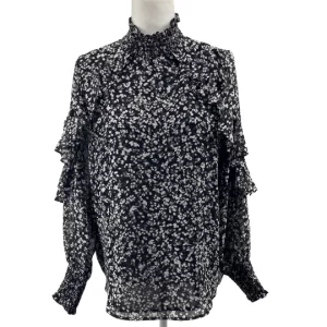 Calvin Klein floral blouse black and white mock neck with ruffle sleeve