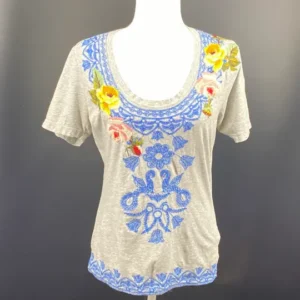 Johnny Was Embroidered Top Gray Floral Boho Tee M